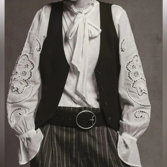 ANTHROPOLOGIE Lea & Viola Size 3X White Poet Blouse Tunic PussyBow Stretch $120 - Picture 1 of 16